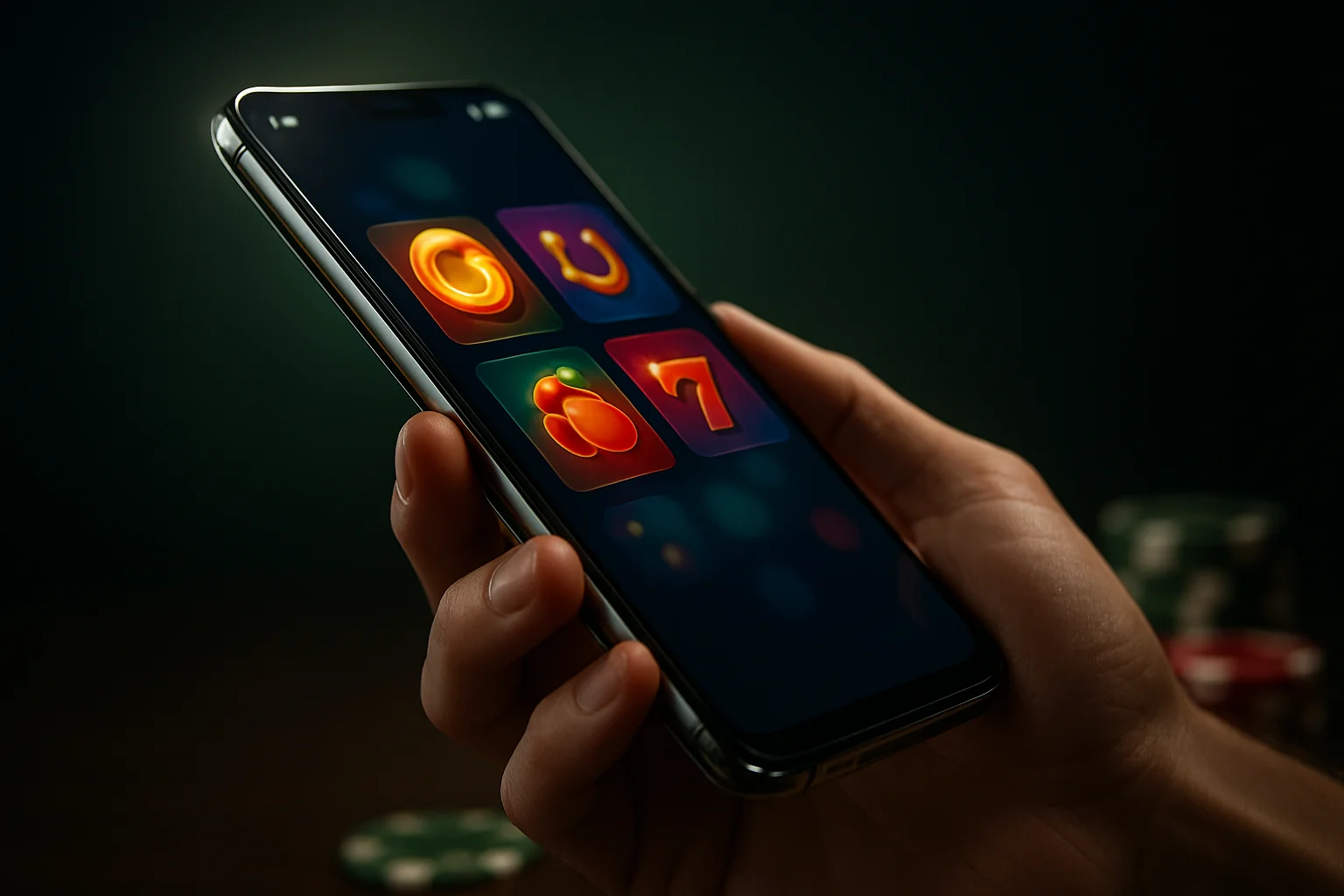Flagship Android smartphone showing premium casino app interface in dramatic lighting