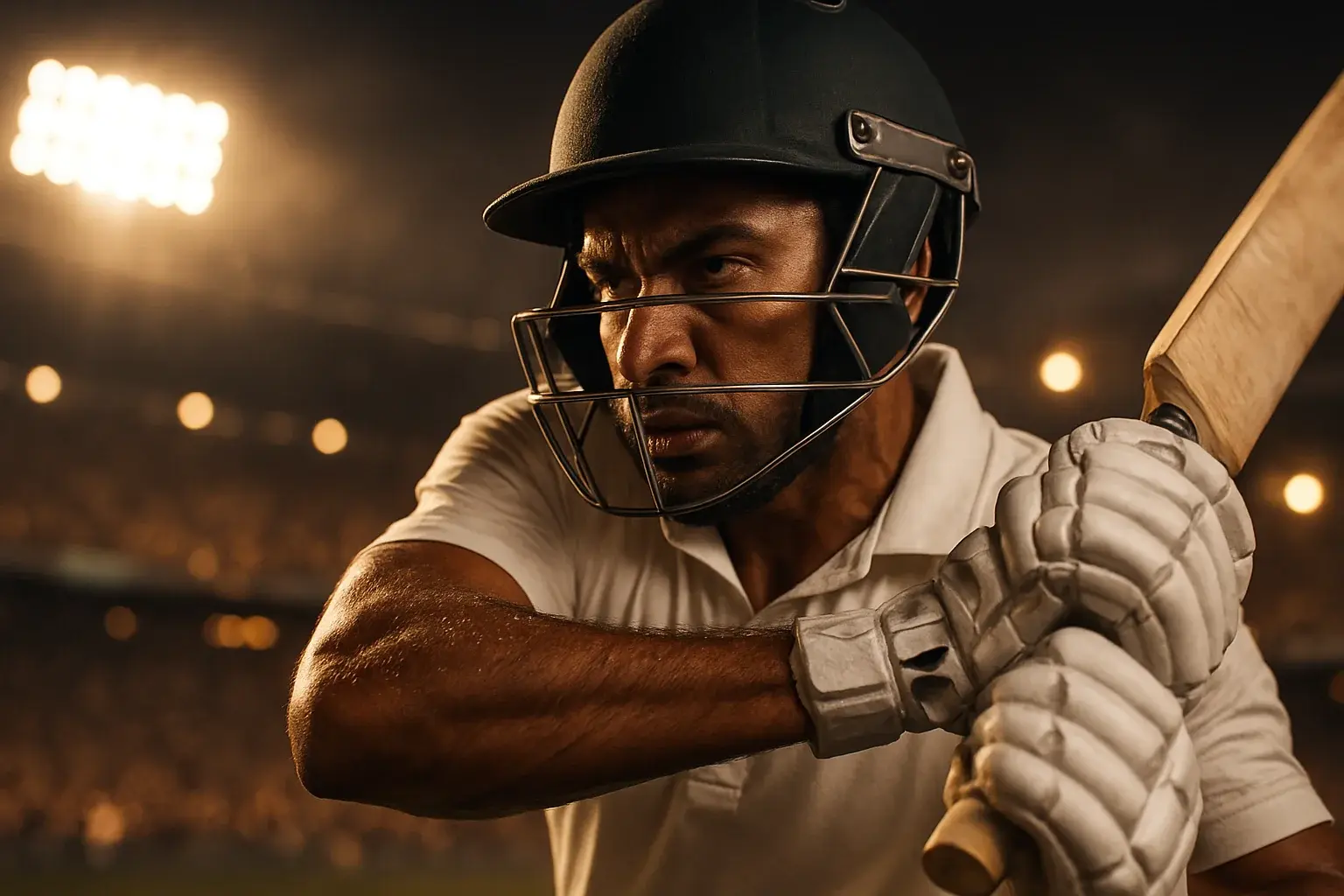 Bangladeshi cricket batsman in white kit mid-swing under stadium lights