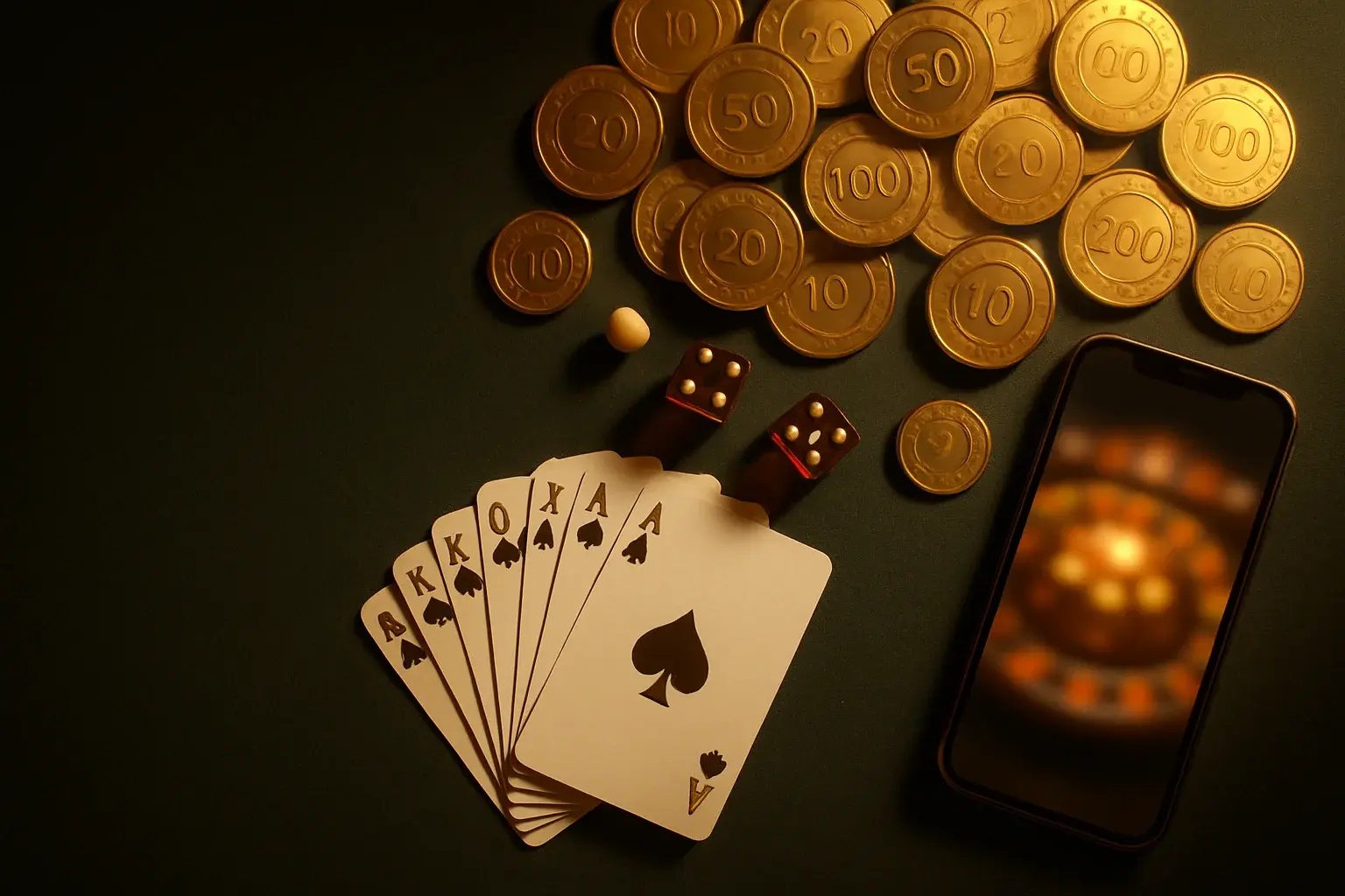 Top-down casino table with gold chips, cards, dice, roulette ball, smartphone